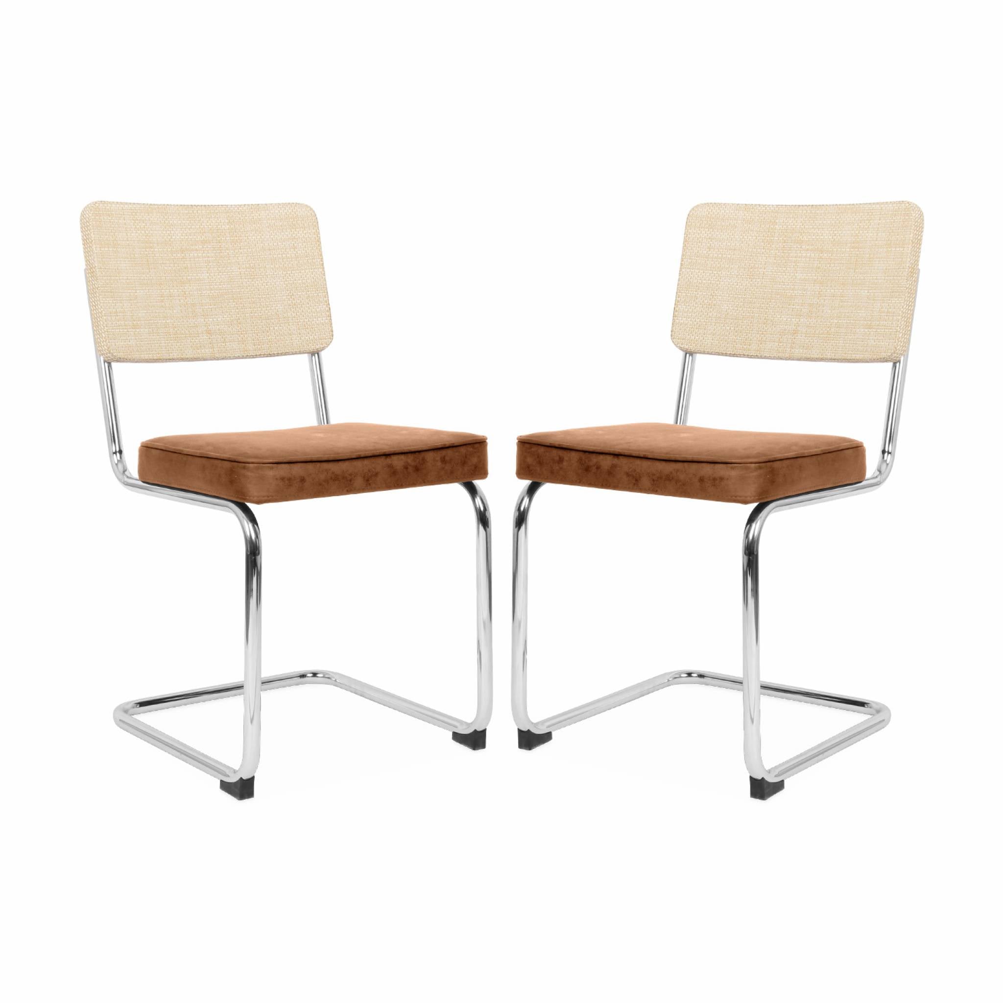 Set di 2 sedie a sbalzo, tessuto e rattan, marrone