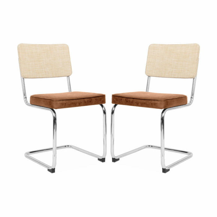 Set di 2 sedie a sbalzo, tessuto e rattan, marrone