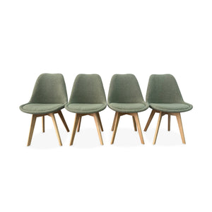 Set di 4 sedie scandinave bouclé, gambe in legno, verde celadon