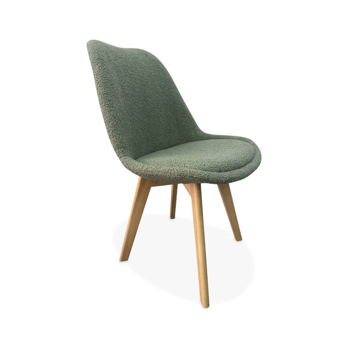 Set di 4 sedie scandinave bouclé, gambe in legno, verde celadon
