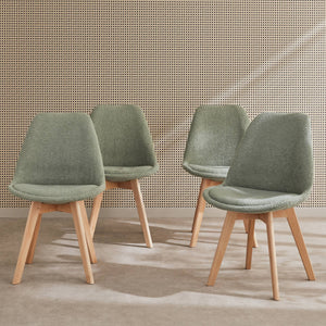 Set di 4 sedie scandinave bouclé, gambe in legno, verde celadon