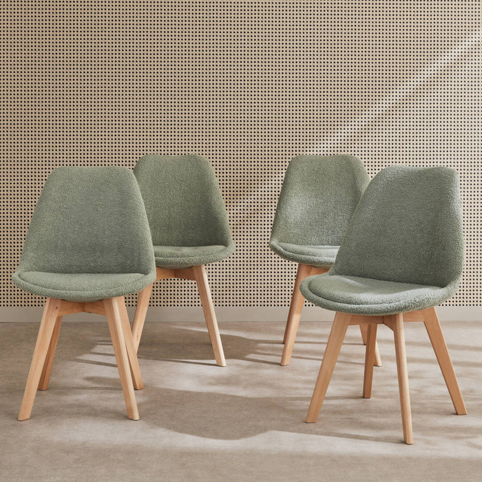 Set di 4 sedie scandinave bouclé, gambe in legno, verde celadon