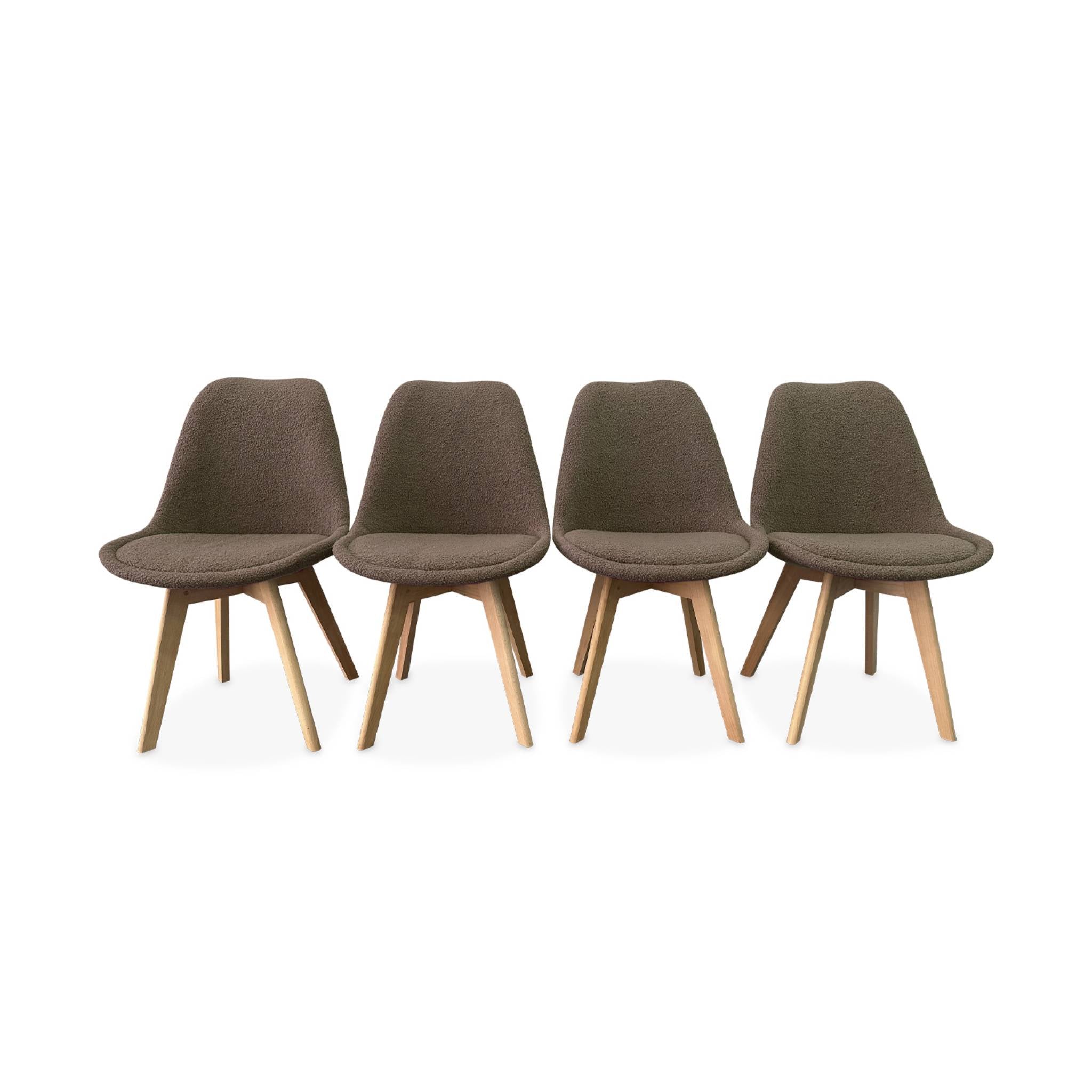 Set di 4 sedie scandinave bouclé, gambe in legno, talpa