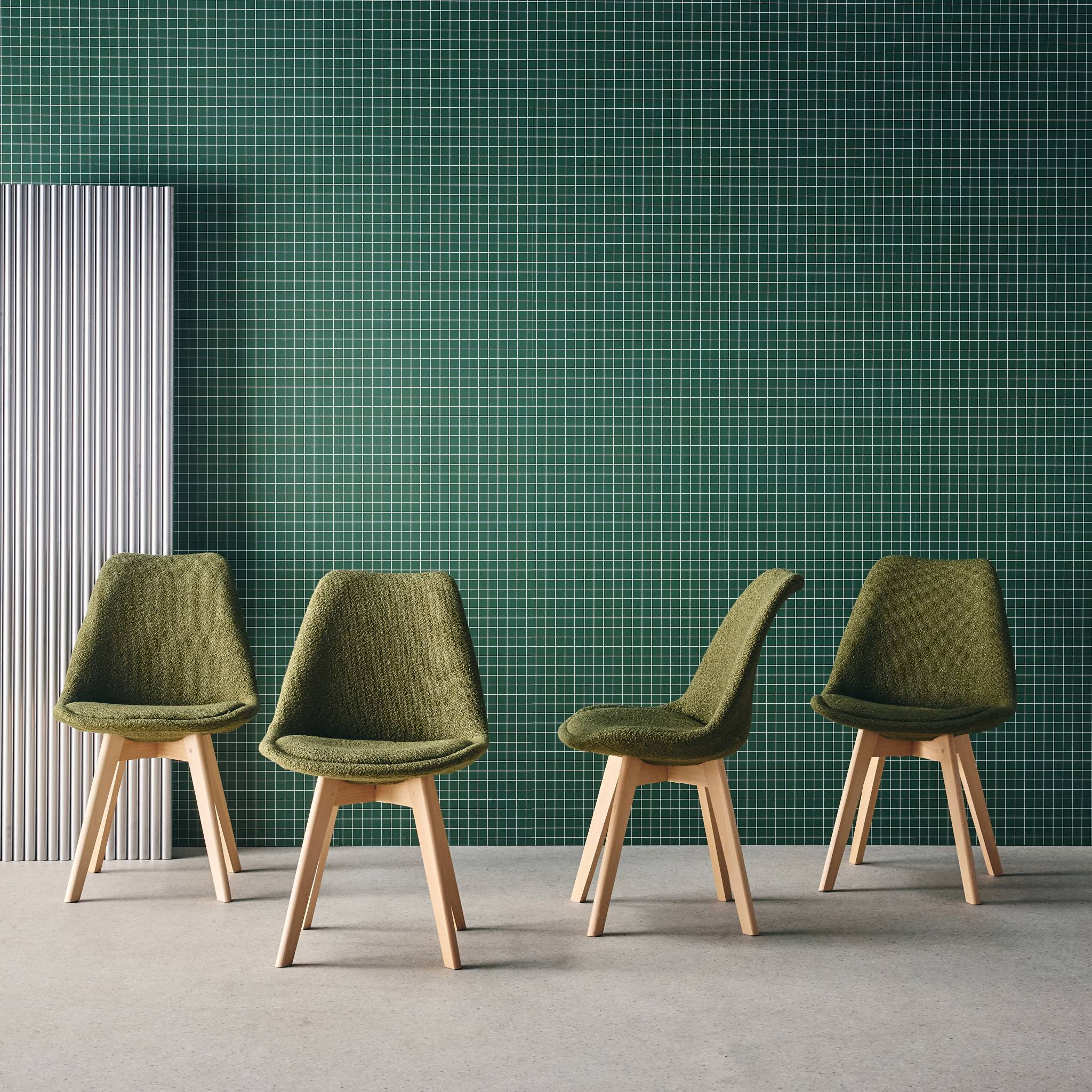 Set 4 sedie scandinave legno di faggio e bouclé strutturato, verde