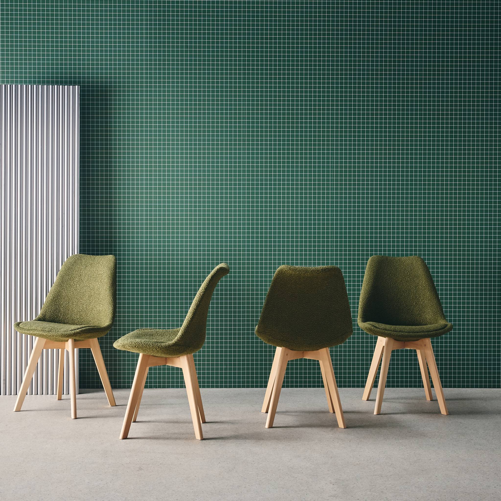 Set 4 sedie scandinave legno di faggio e bouclé strutturato, verde