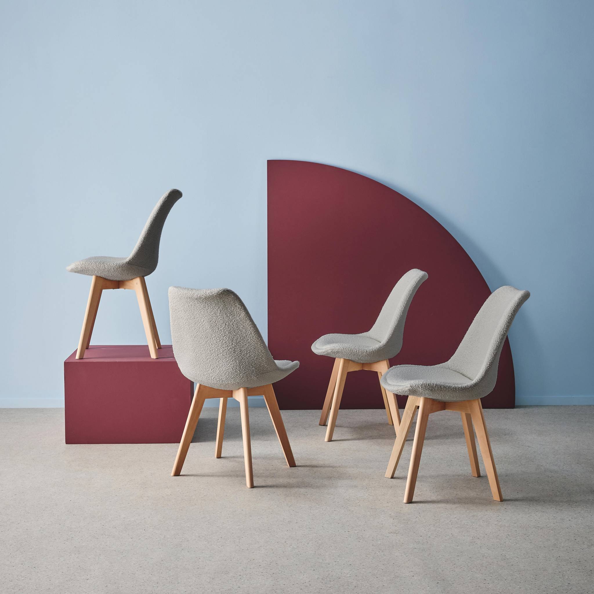 Set 4 sedie scandinave legno di faggio e bouclé strutturato, grigio