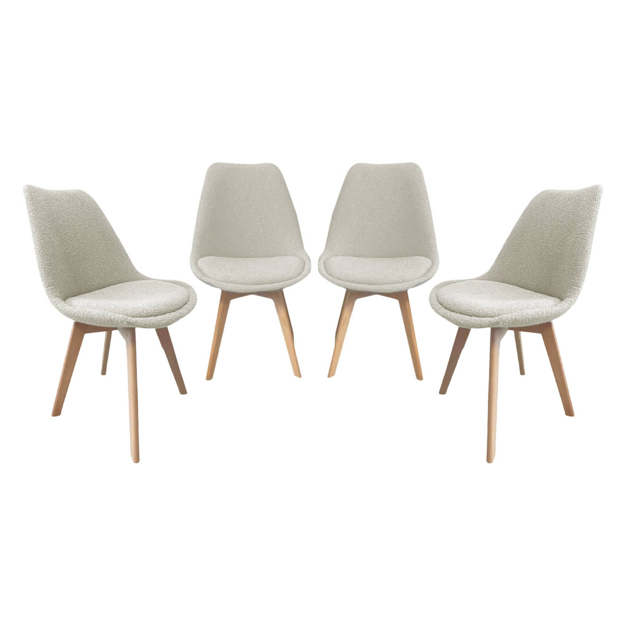Set 4 sedie scandinave legno di faggio e bouclé strutturato, bianco