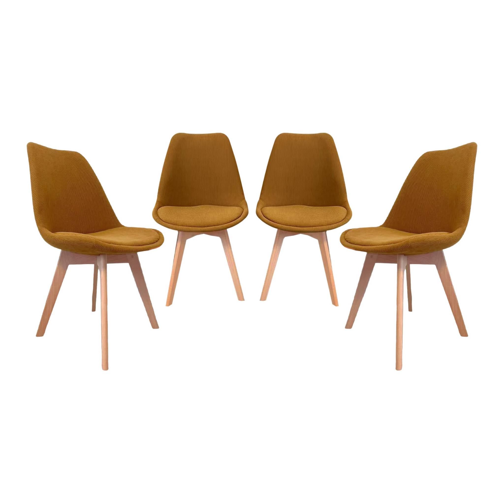 Set di 4 sedie scandinave in legno di faggio e velluto a coste , ocra