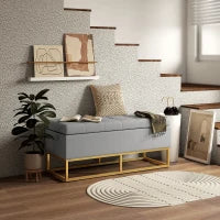 Panca Contenitore 2 in 1 con Seduta Trapuntata e Piedi in Acciaio, 110 x 44 x 48 cm, Grigio e Dorato