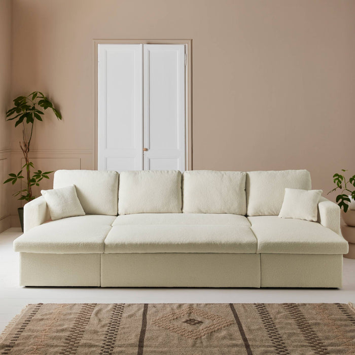 Divano panoramico letto 4 posti tessuto bouclé, bianco
