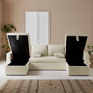 Divano panoramico letto 4 posti tessuto bouclé, bianco