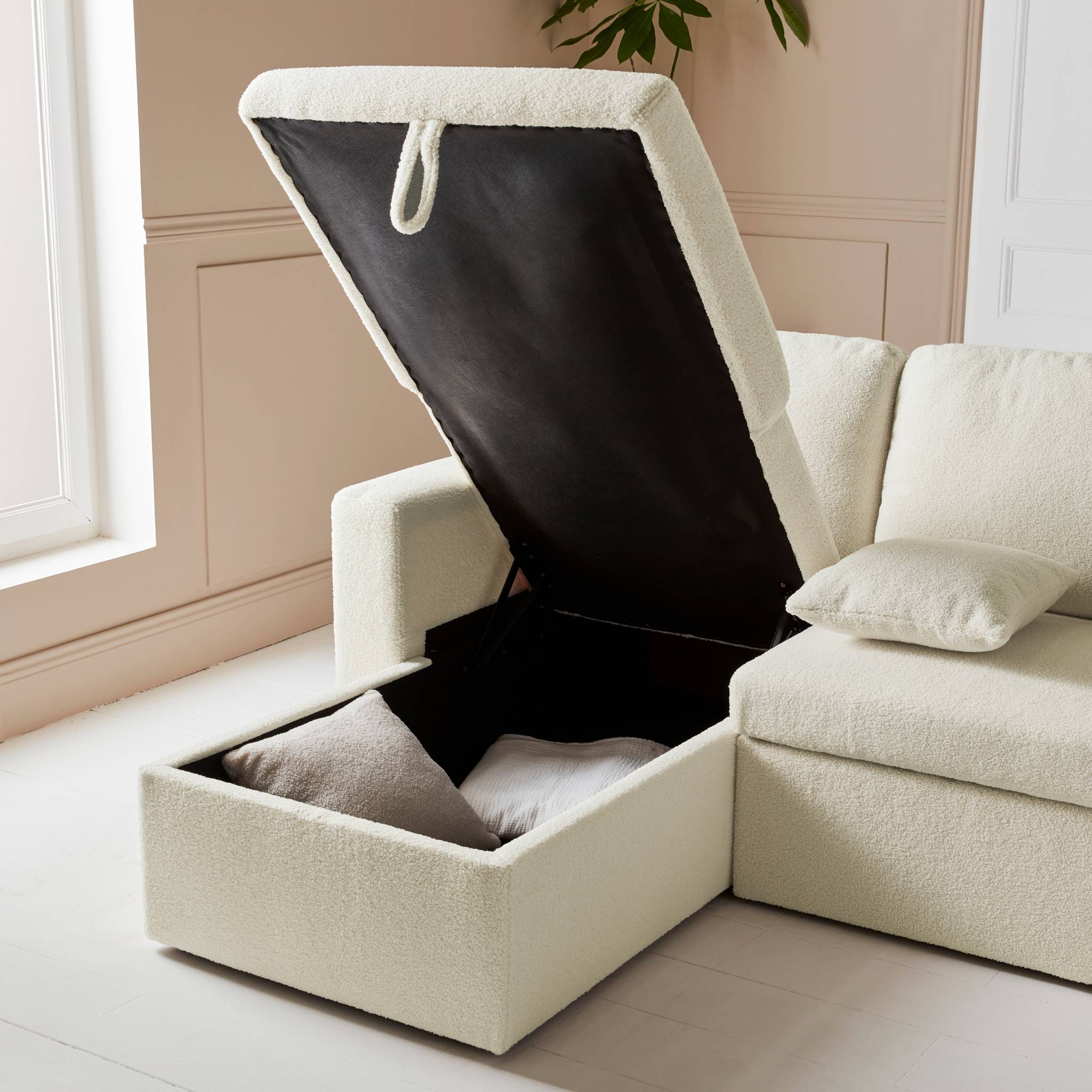 Divano panoramico letto 4 posti tessuto bouclé, bianco