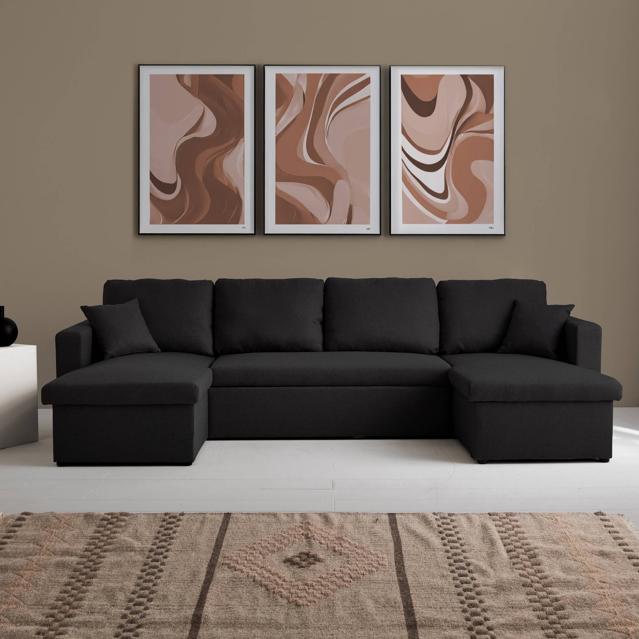 Divano letto panoramico a 4 posti in tessuto, nero