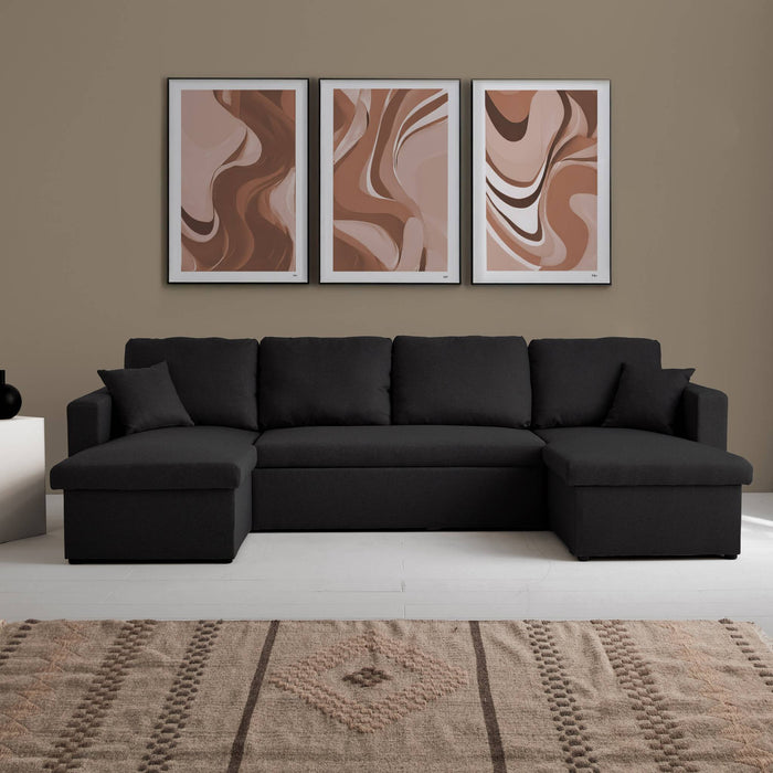 Divano letto panoramico a 4 posti in tessuto, nero