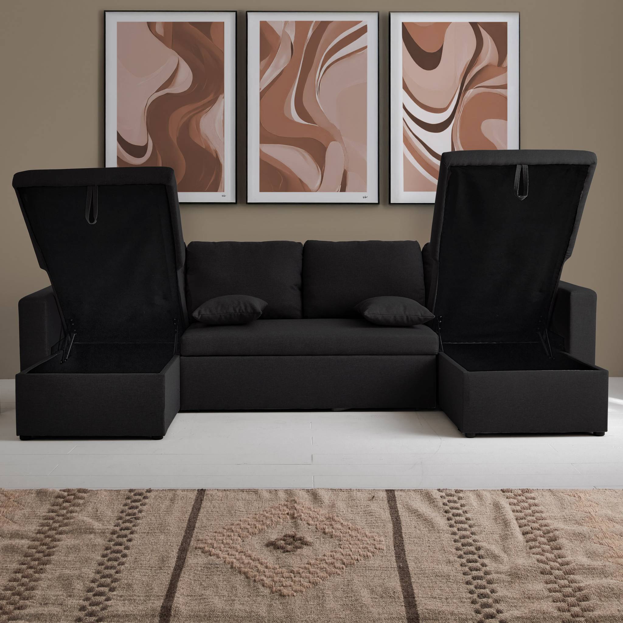 Divano letto panoramico a 4 posti in tessuto, nero