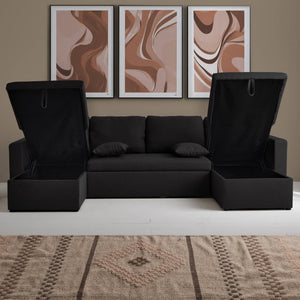 Divano letto panoramico a 4 posti in tessuto, nero