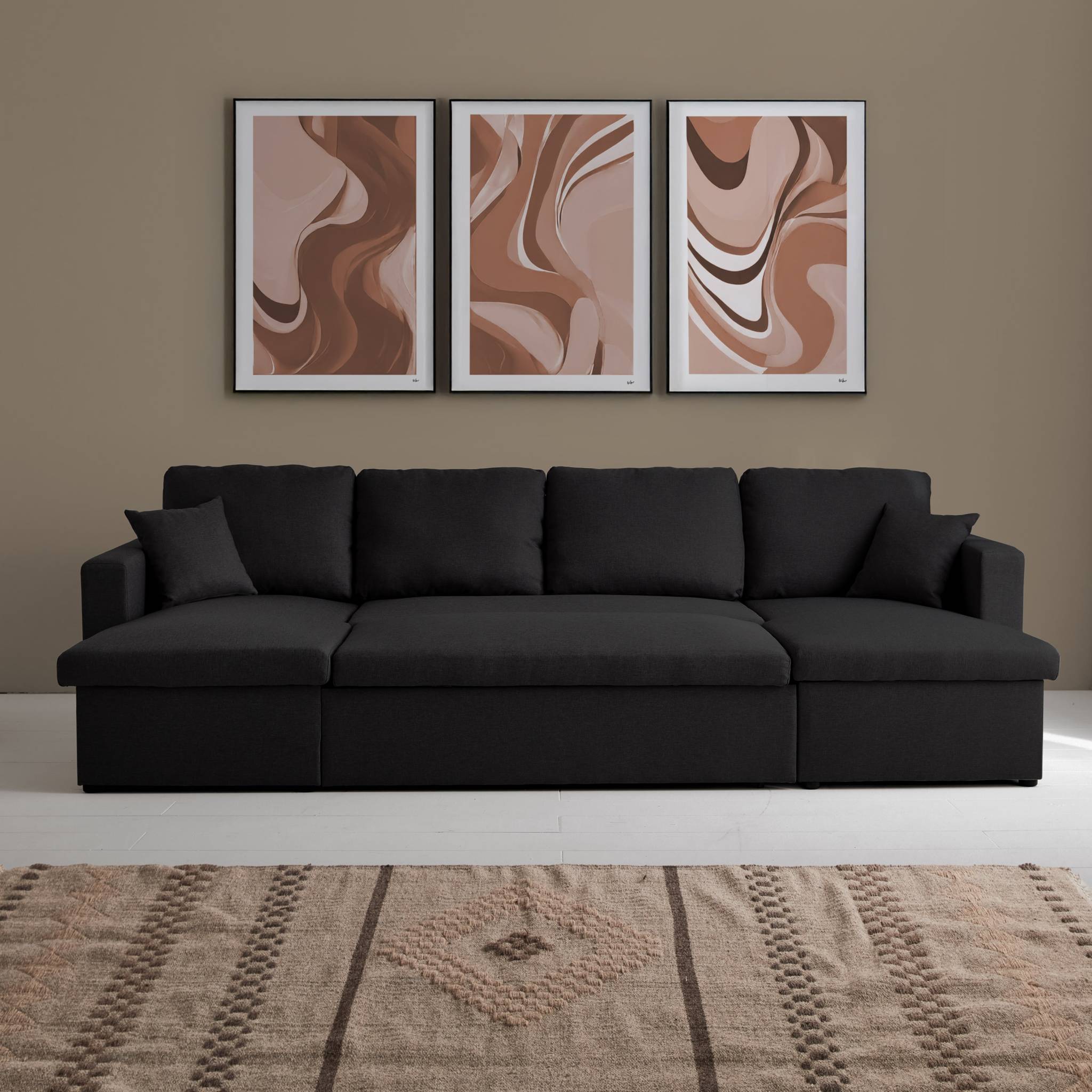 Divano letto panoramico a 4 posti in tessuto, nero