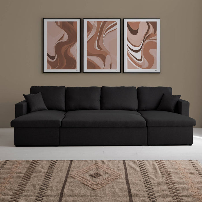 Divano letto panoramico a 4 posti in tessuto, nero