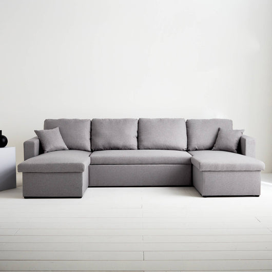 Divano letto panoramico a 4 posti in tessuto, grigio chiaro