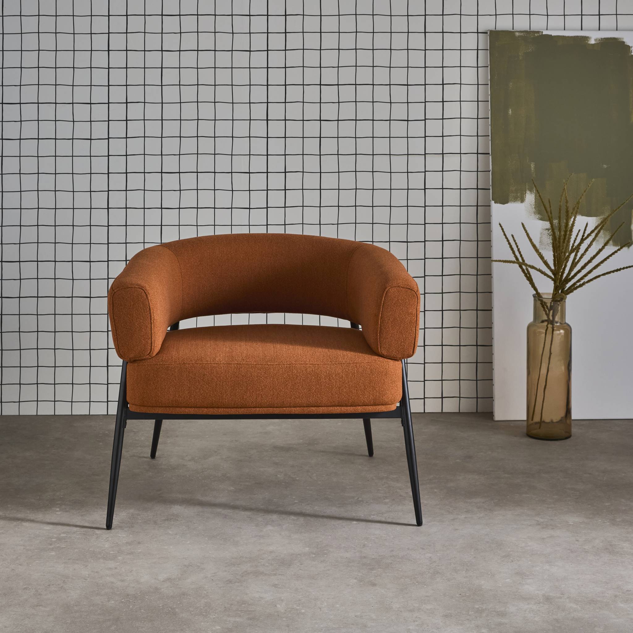 Poltrona tessuto schienale incurvato piedi metallo, terracotta