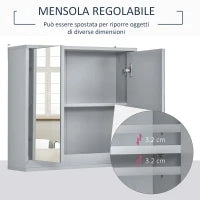 Armadietto Bagno con Specchio a 2 Ante, Specchio Bagno Contenitore con Ripiano Regolabile in Legno, 48x14.5x45cm, Grigio