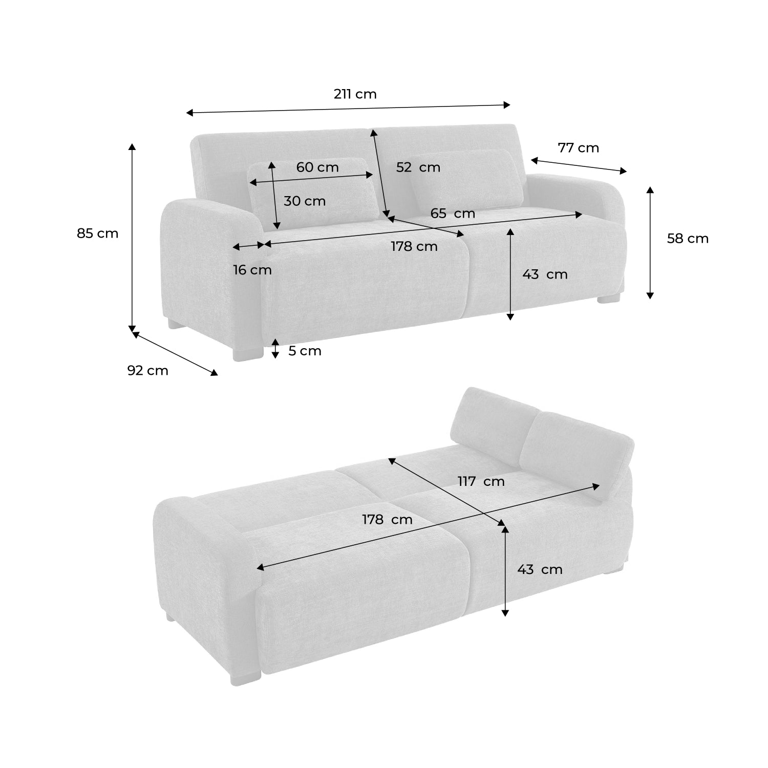 Divano letto 3 posti in tessuto, beige
