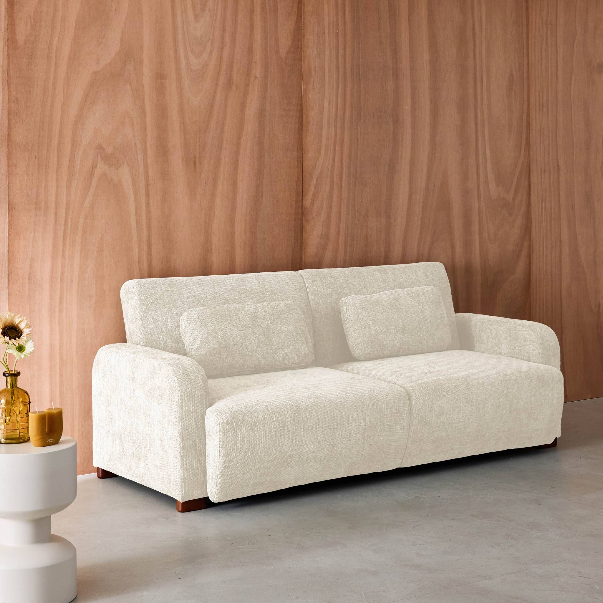 Divano letto 3 posti in tessuto, bianco sporco