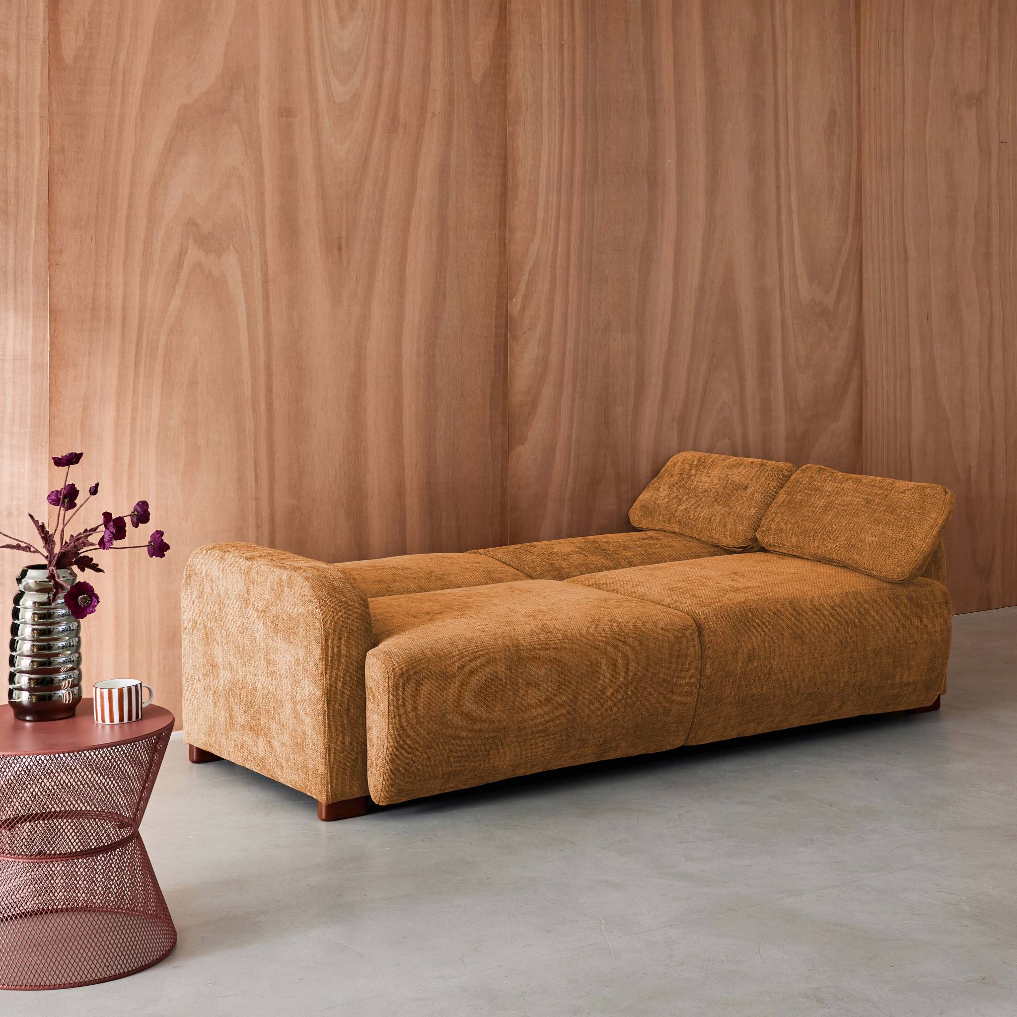 Divano letto 3 posti in tessuto, color ruggine