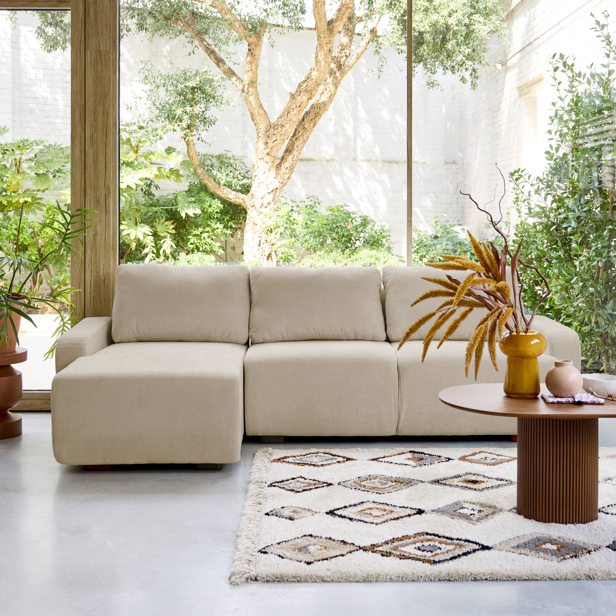 Divano angolare sinistro in tessuto semplice, 3 posti, beige