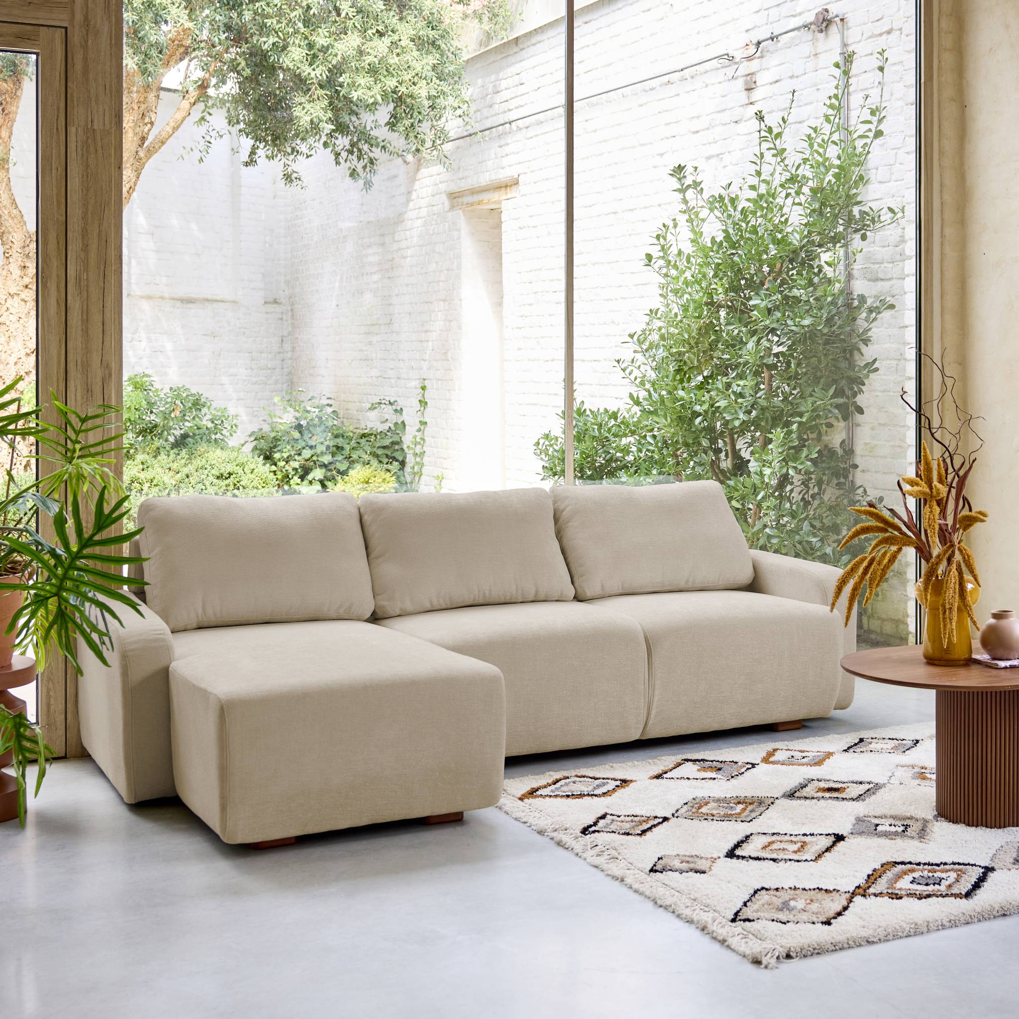 Divano angolare sinistro in tessuto semplice, 3 posti, beige