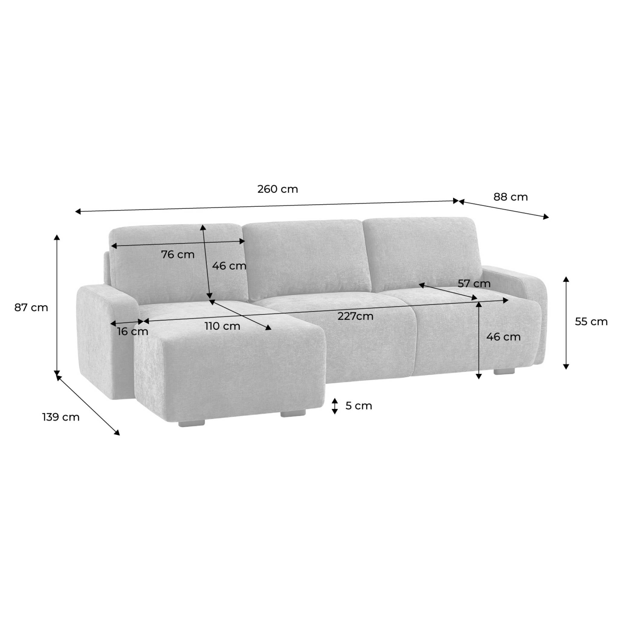 Divano angolare sinistro in tessuto semplice, 3 posti, beige