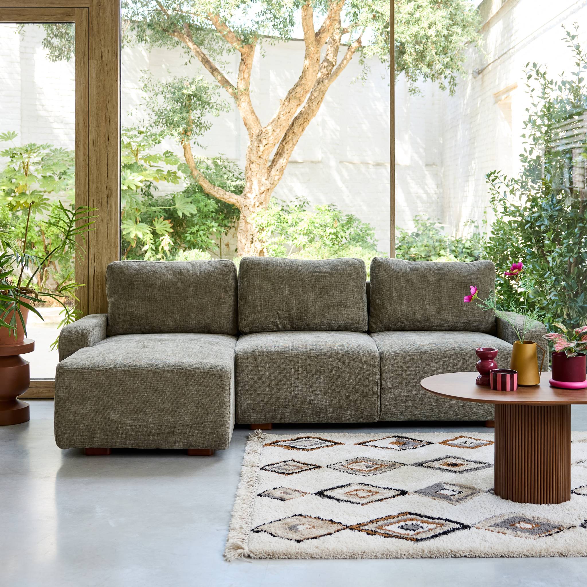 Divano angolare sinistro in tessuto semplice, 3 posti, verde grigio