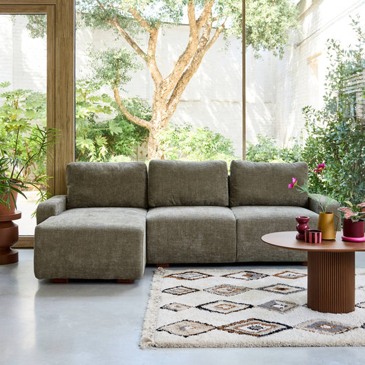 Divano angolare sinistro in tessuto semplice, 3 posti, verde grigio