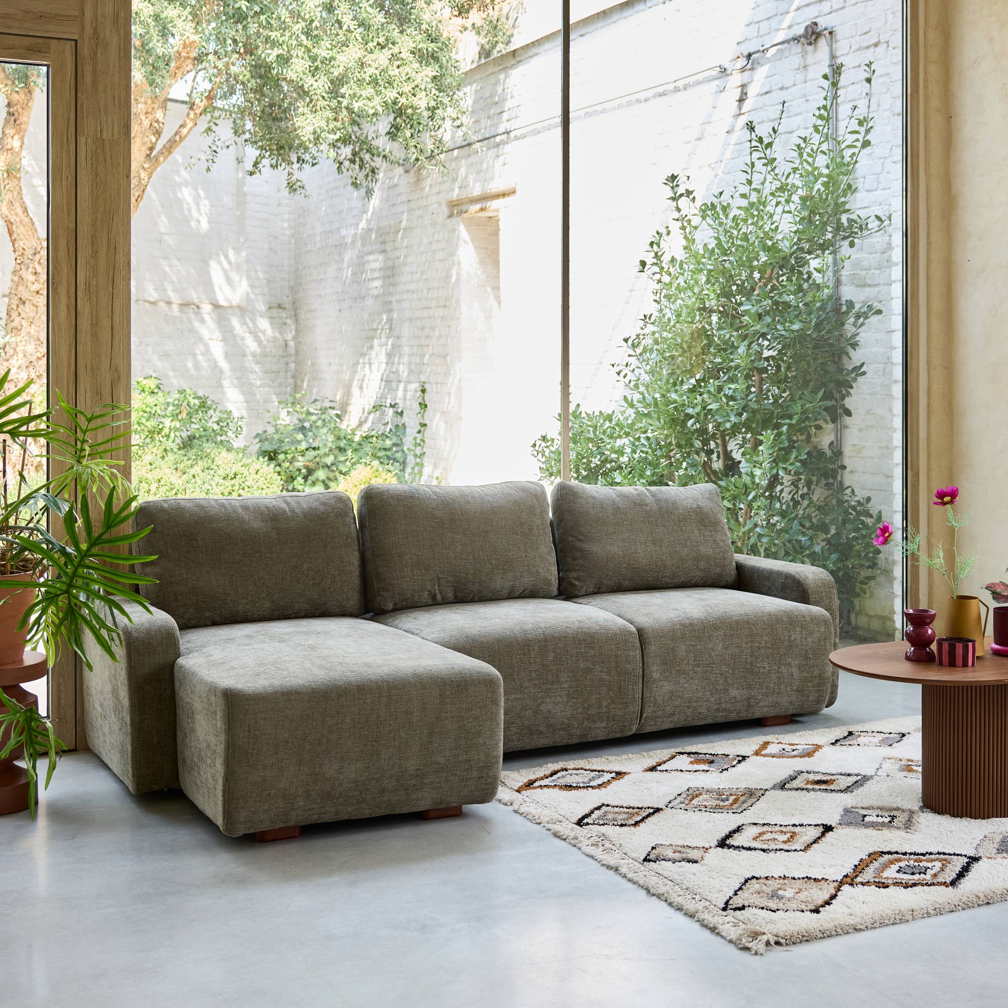 Divano angolare sinistro in tessuto semplice, 3 posti, verde grigio