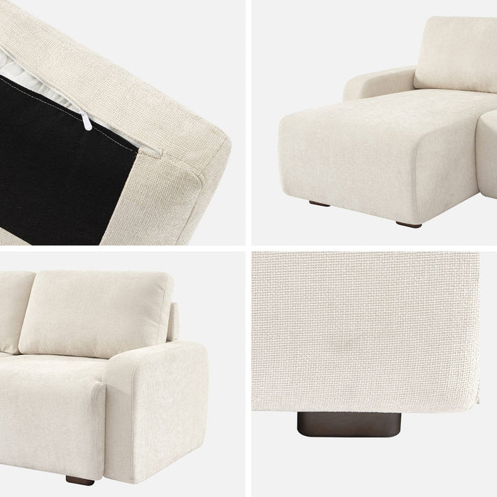 Divano angolare sinistro in tessuto semplice, 3 posti, bianco sporco