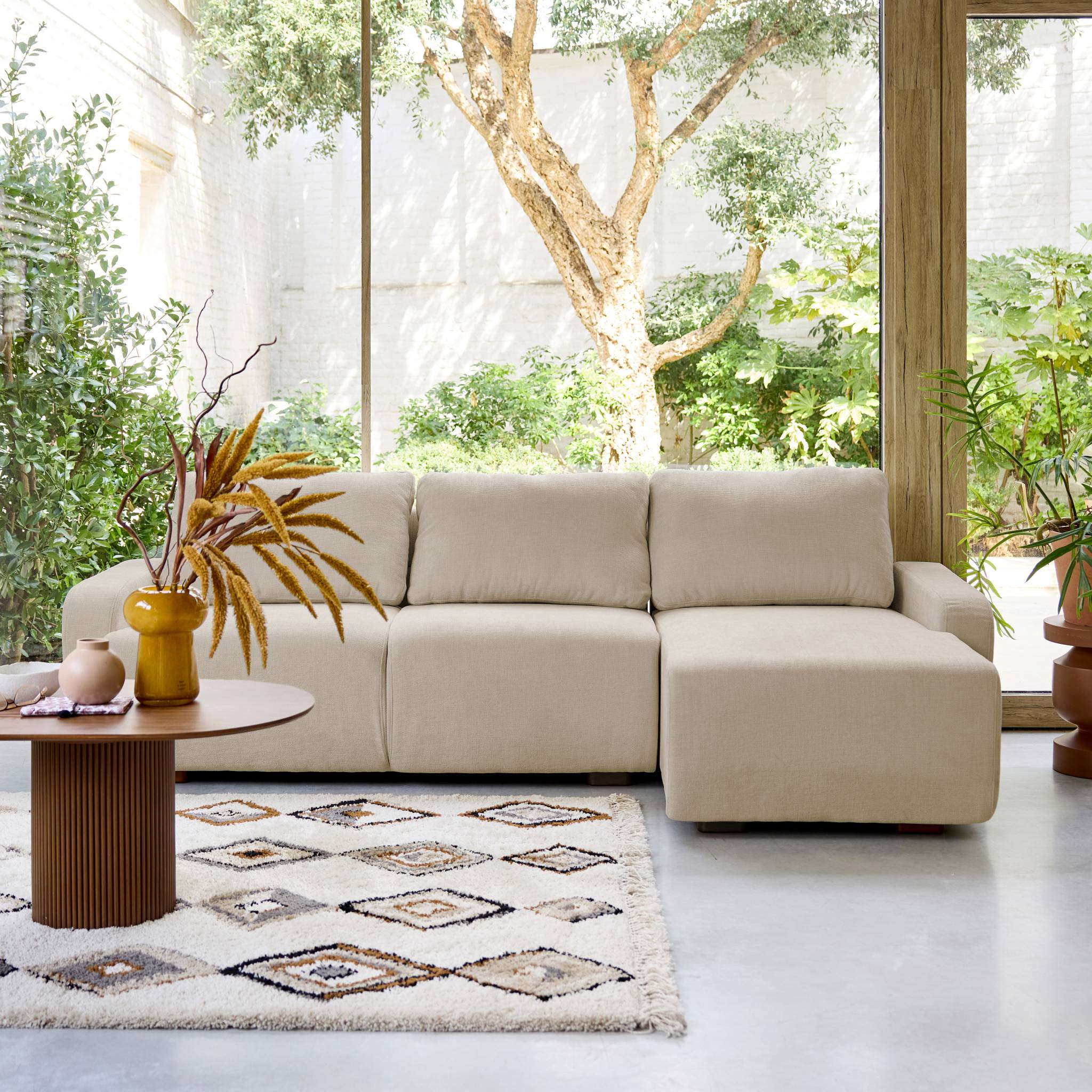 Divano angolare destro 3 posti tessuto, beige