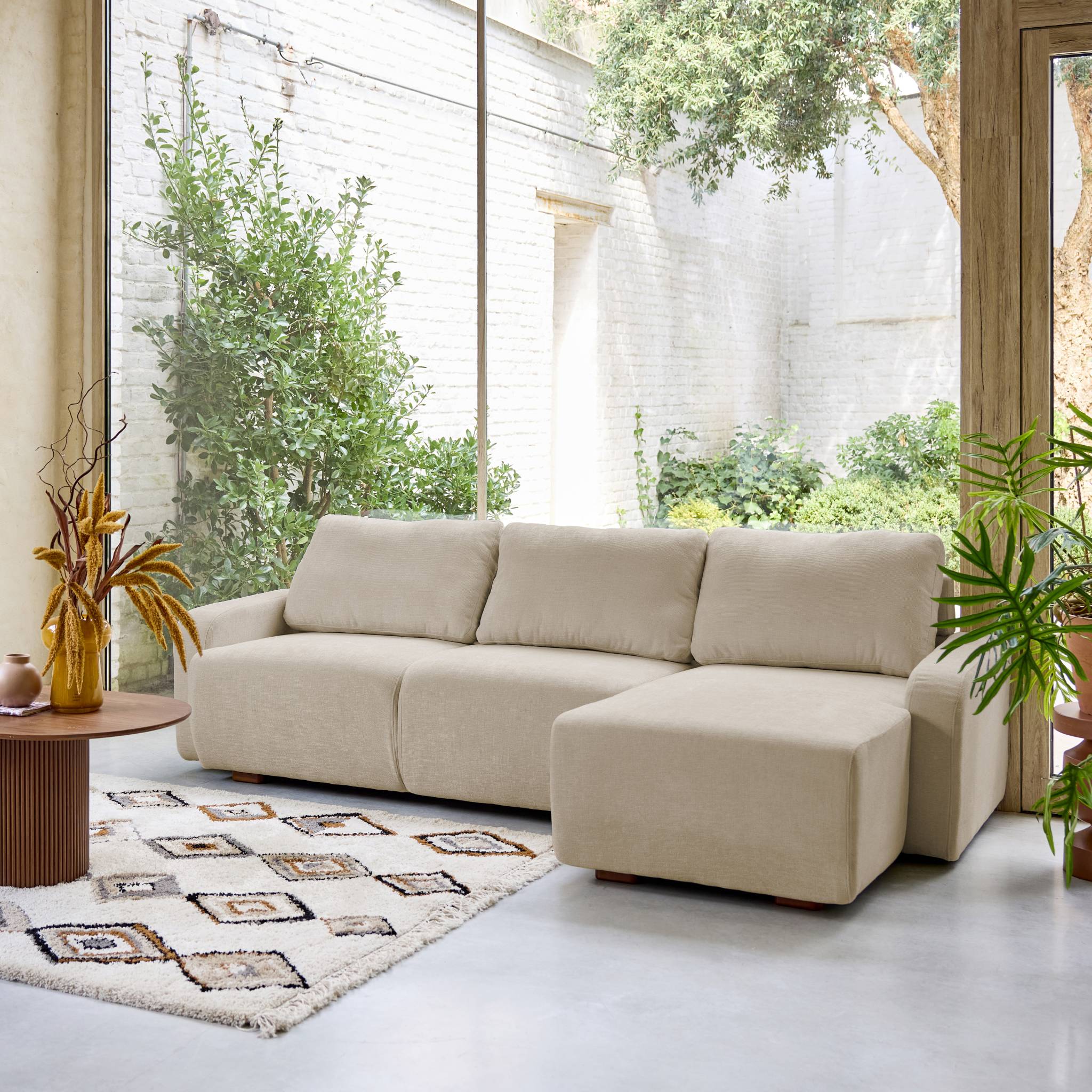 Divano angolare destro 3 posti tessuto, beige