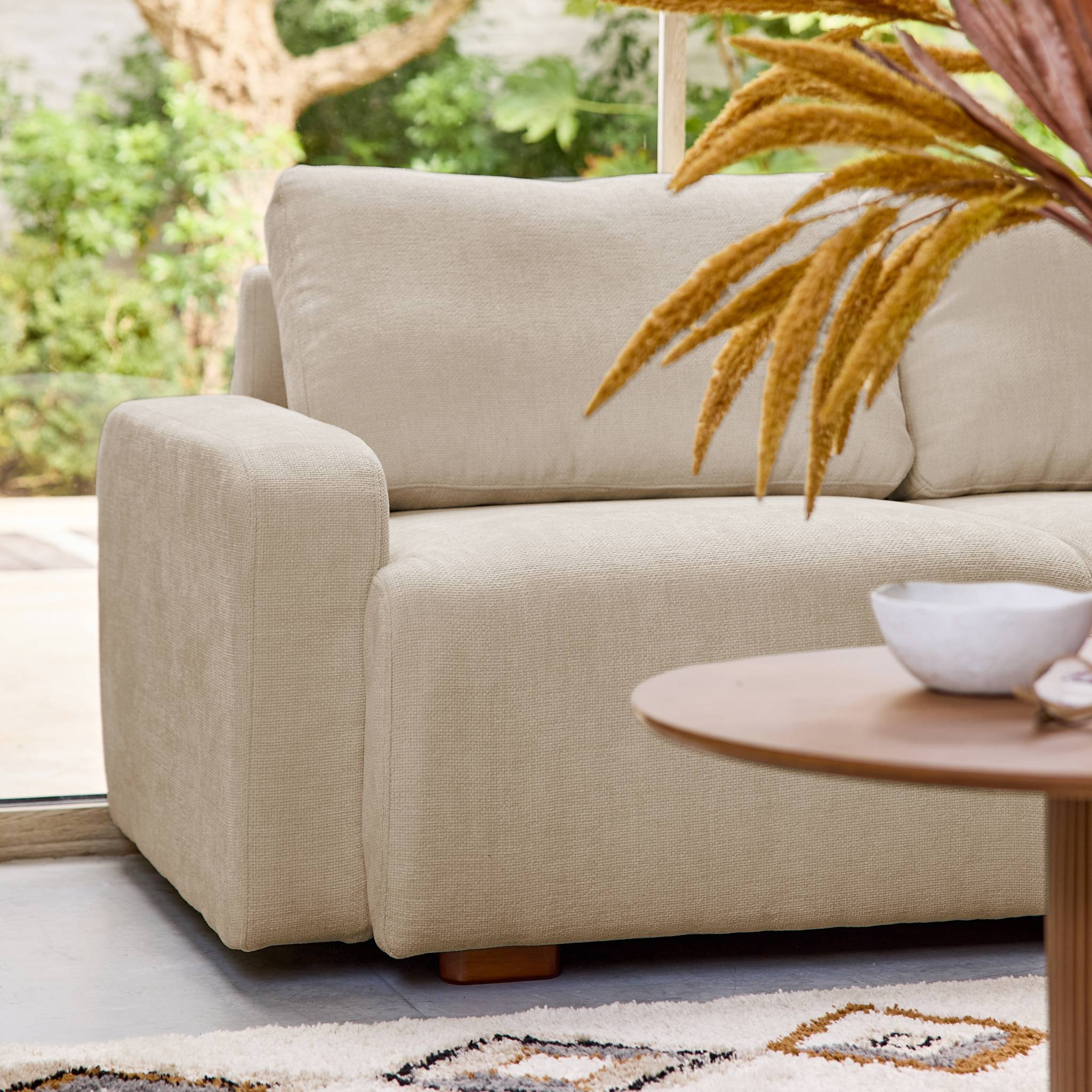 Divano angolare destro 3 posti tessuto, beige