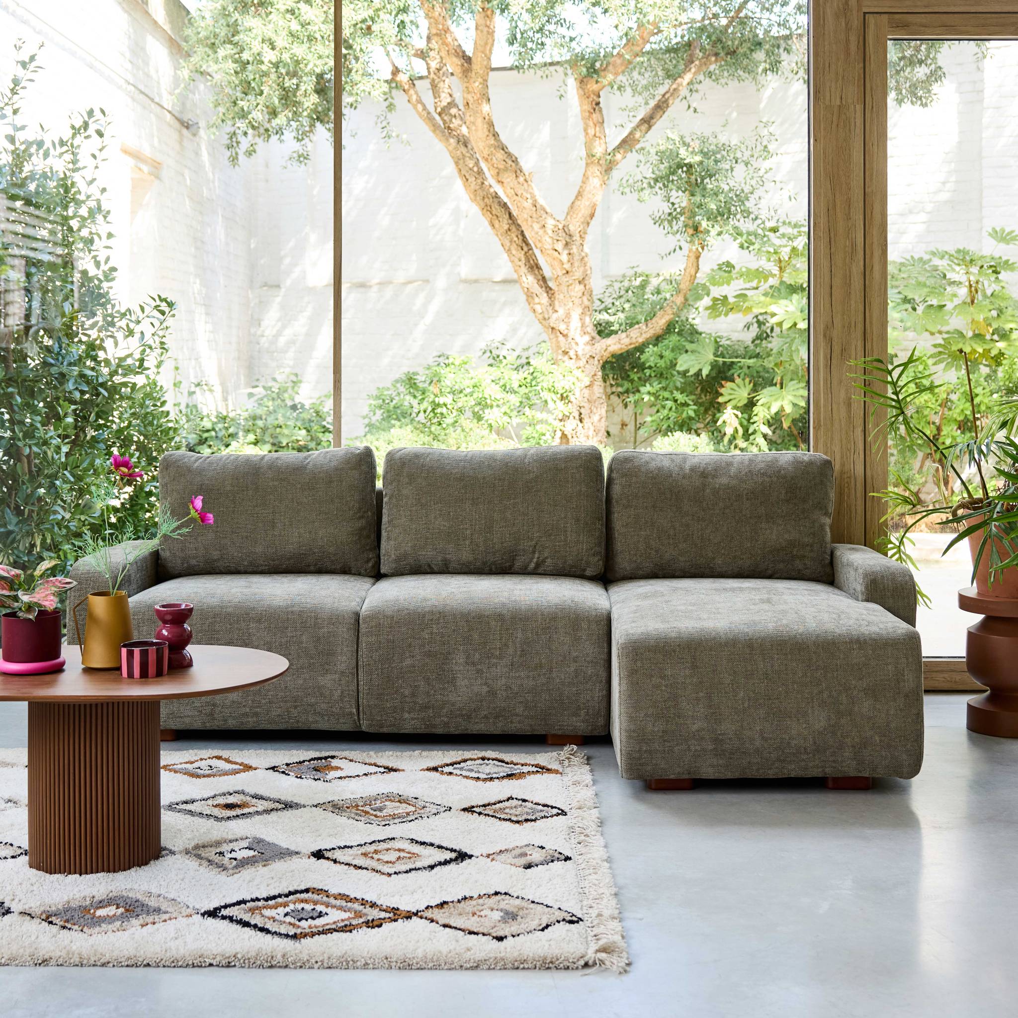 Divano angolare destro 3 posti tessuto, verde grigio