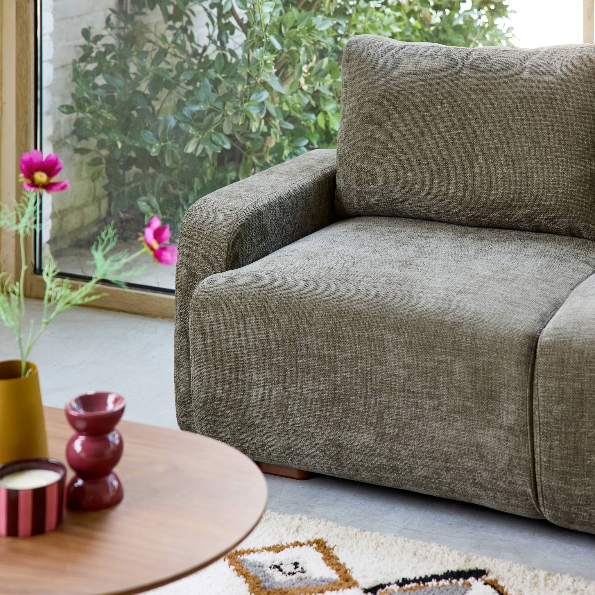 Divano angolare destro 3 posti tessuto, verde grigio