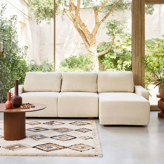 Divano angolare destro 3 posti tessuto, bianco sporco