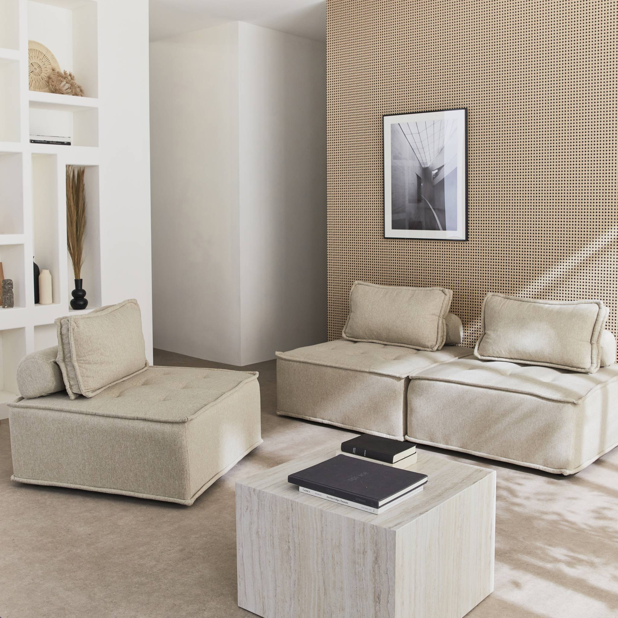 Set di 3 poltrone per divano modulare in tessuto imbottito, beige