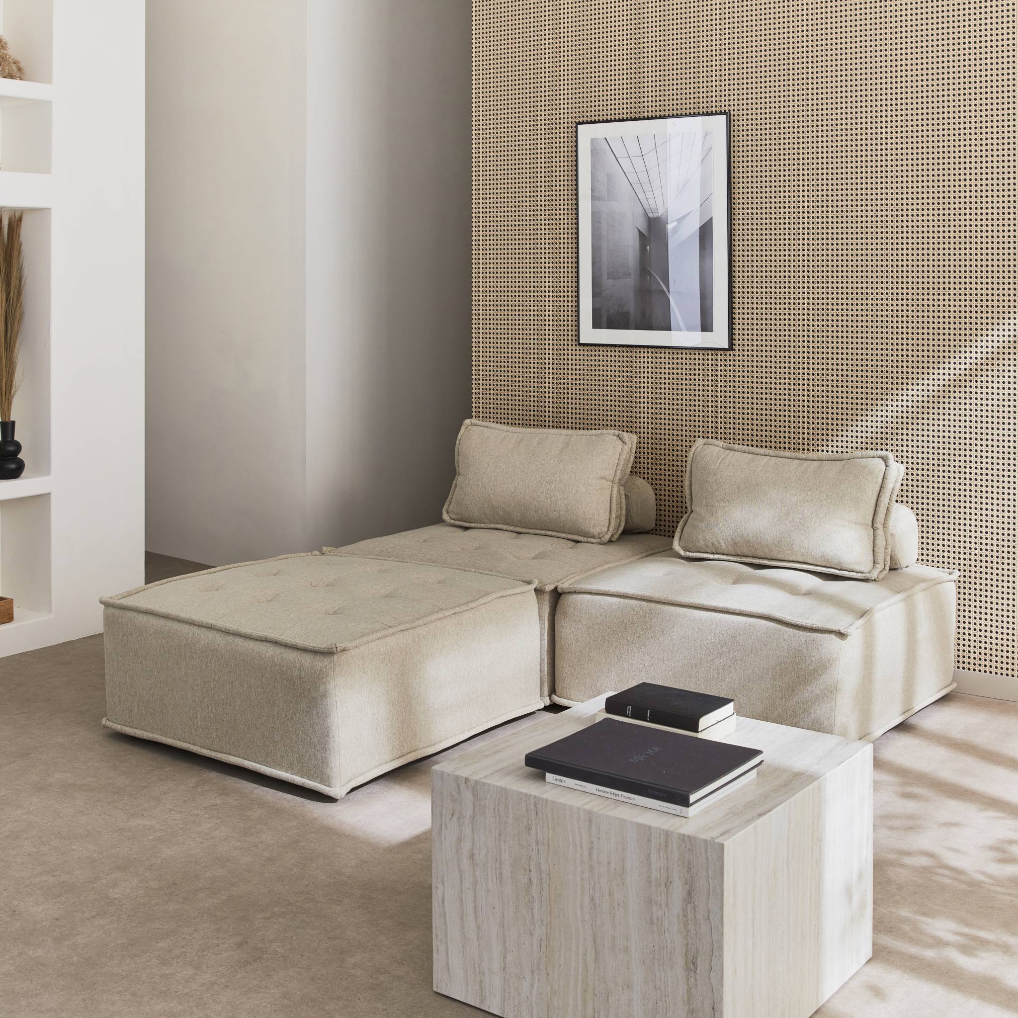 Set di 3 poltrone per divano modulare in tessuto imbottito, beige