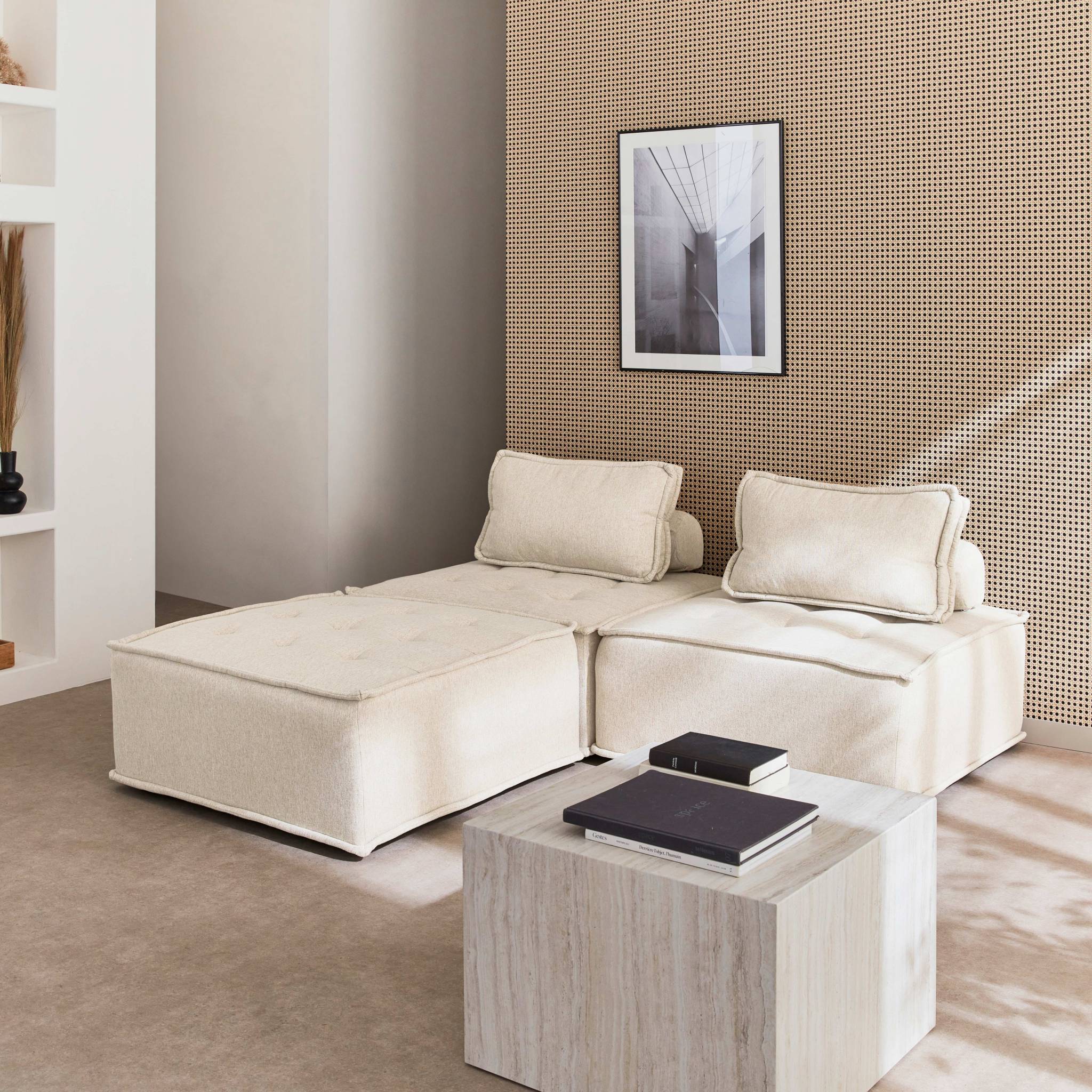 Set di 3 poltrone per divano modulare in tessuto imbottito, crema