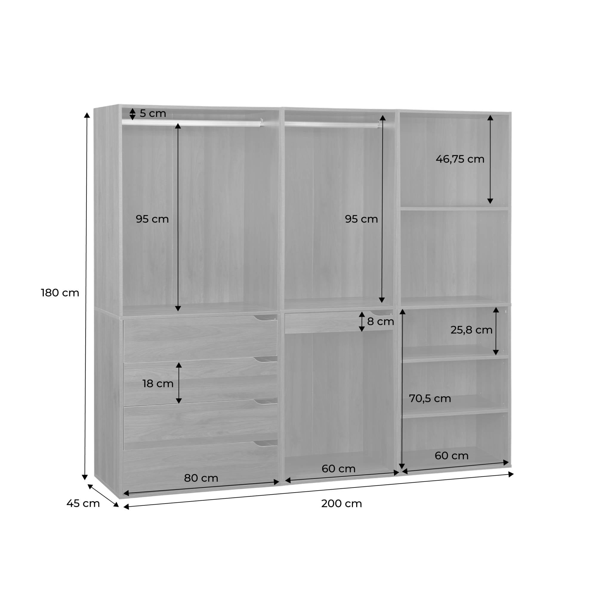 Armadio guardaroba modulare con 3 elementi, marrone
