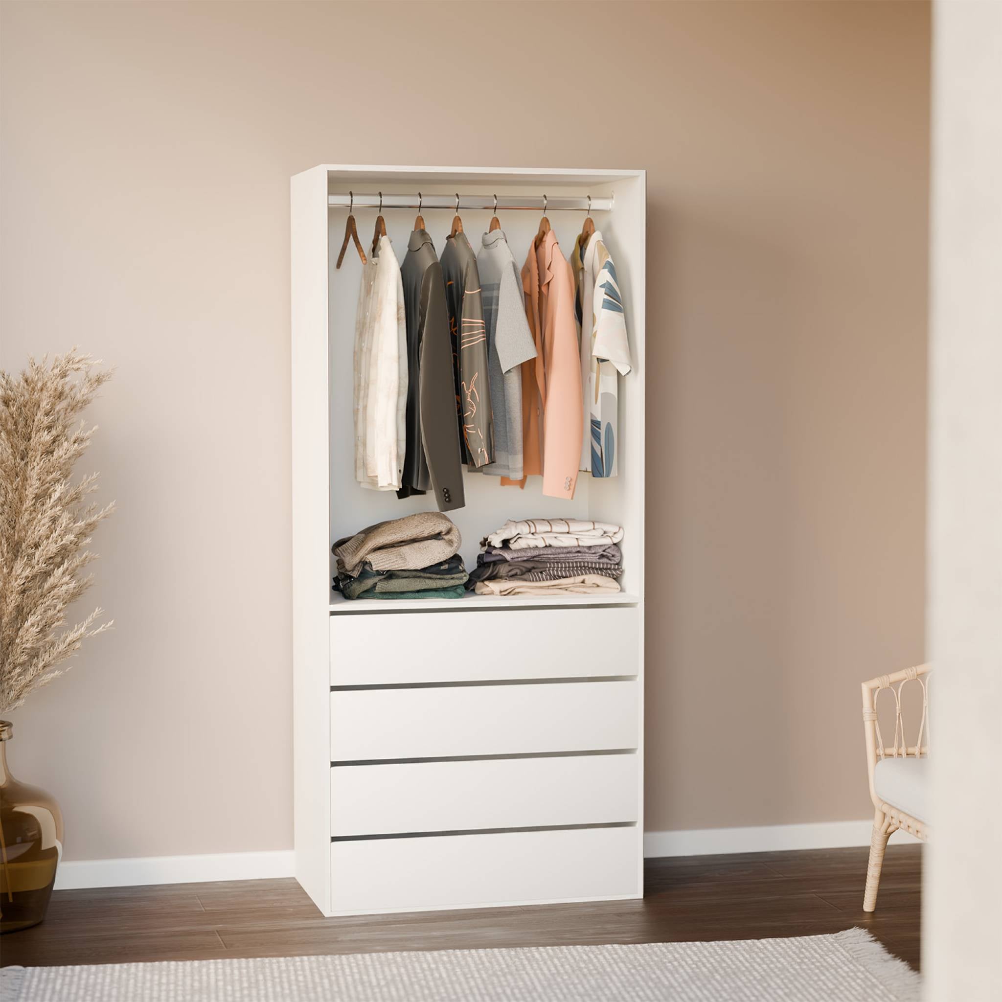 Modulo guardaroba con 4 cassetti e 1 spazio per appendersi, bianco