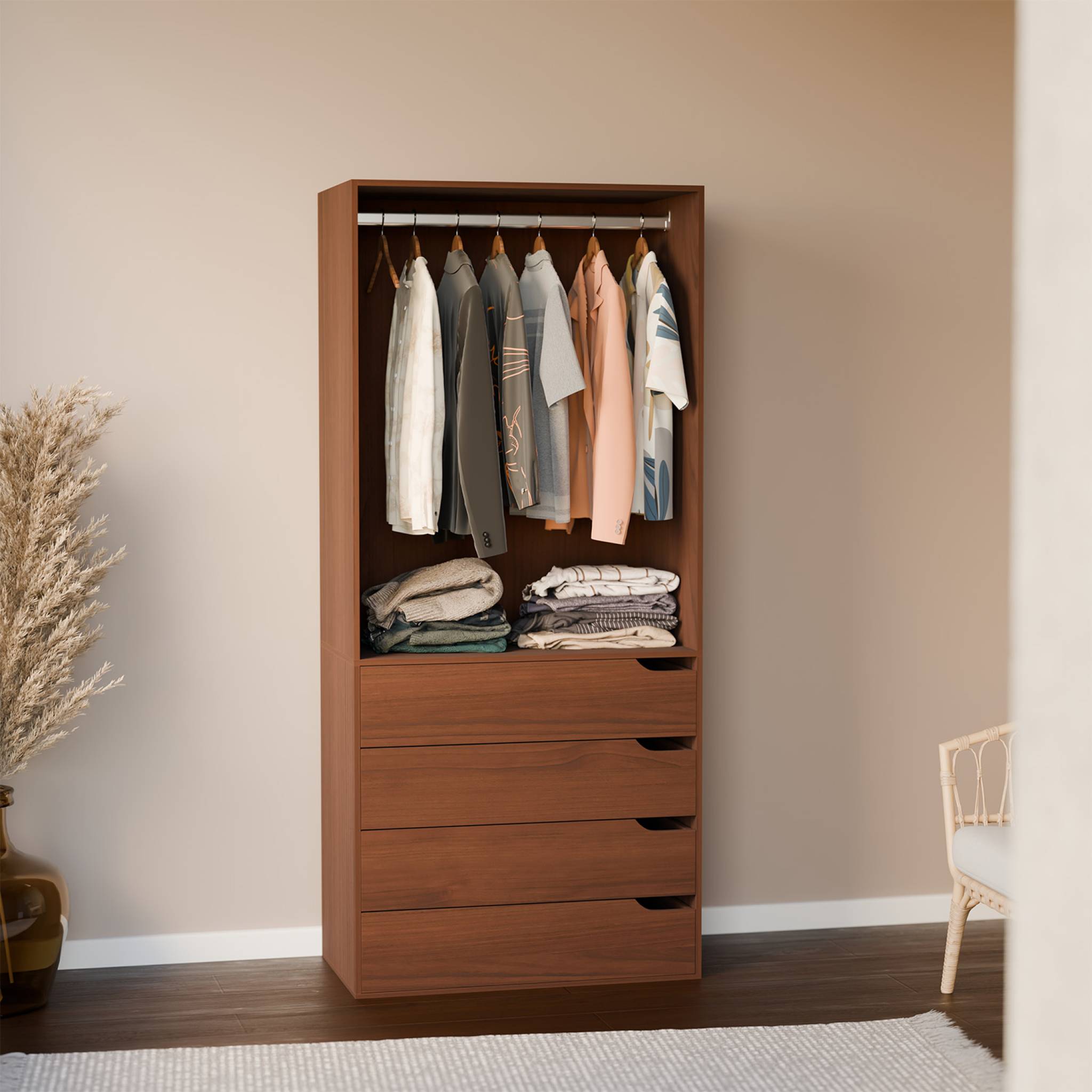 Modulo guardaroba con 4 cassetti e 1 spazio per appendersi, marrone