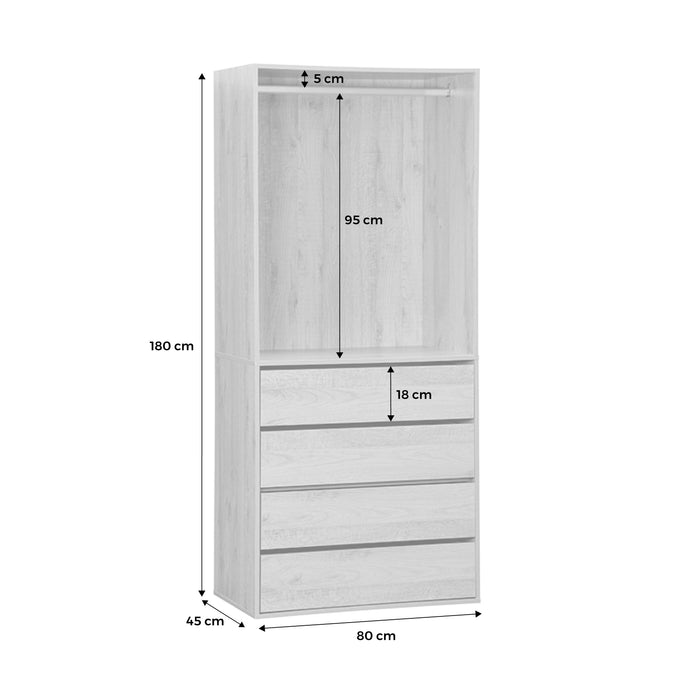Modulo guardaroba con 4 cassetti e 1 spazio per appendersi, bianco