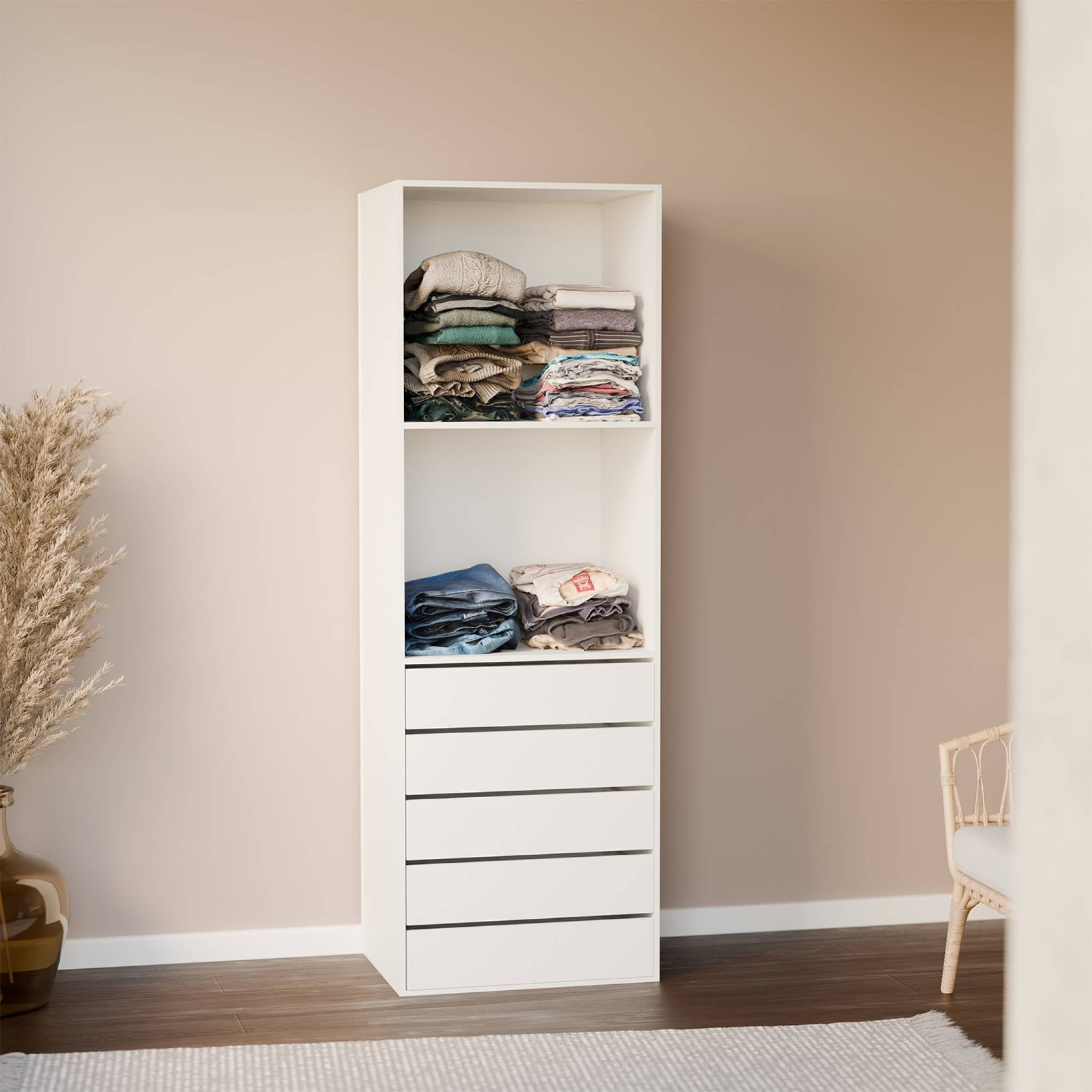 Modulo armadio con 5 cassetti e 2 ripiani, bianco