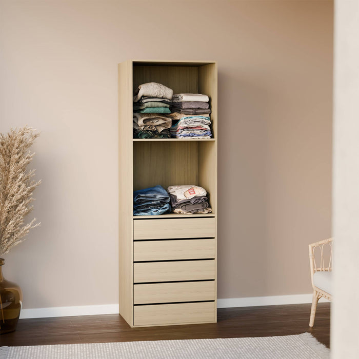 Modulo armadio con 5 cassetti e 2 ripiani, marrone naturale